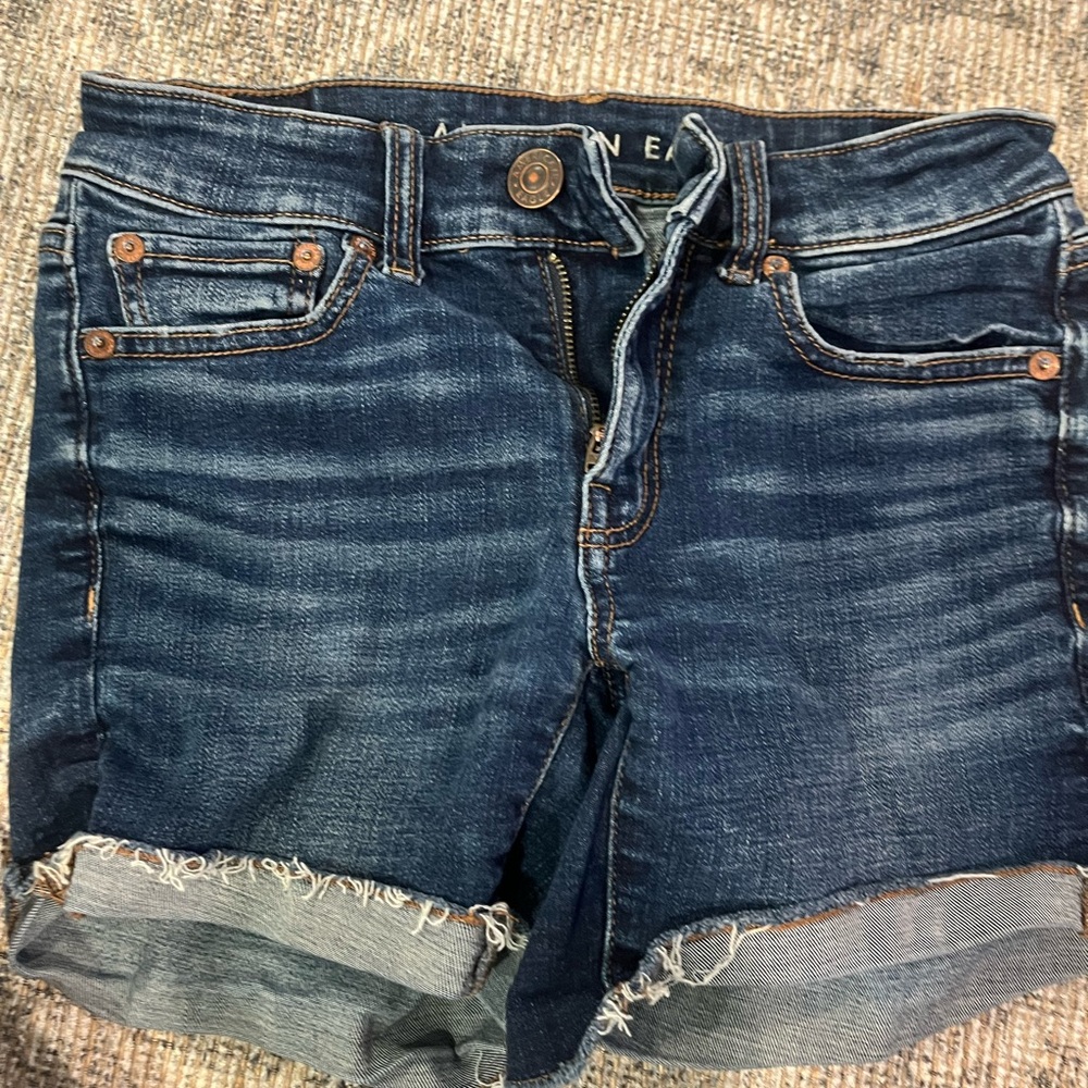 American Eagle Outfitters Blue Jean Shorts with Rolled Frayed Hem